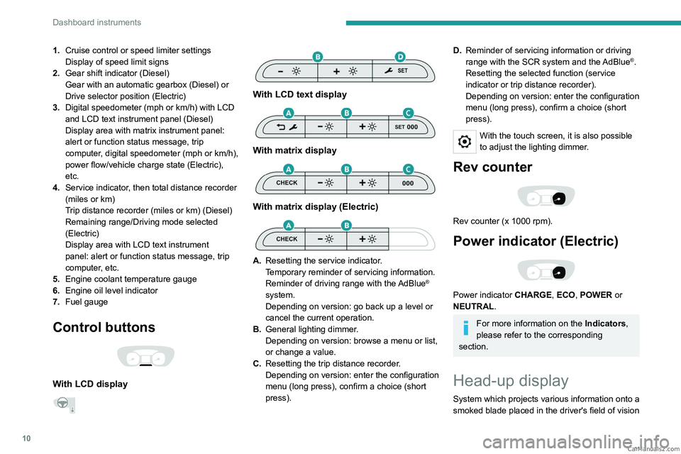 PEUGEOT EXPERT 2023  Owners Manual 10
Dashboard instruments
1.Cruise control or speed limiter settings
Display of speed limit signs
2. Gear shift indicator (Diesel)
Gear with an automatic gearbox (Diesel) or 
Drive selector position (E