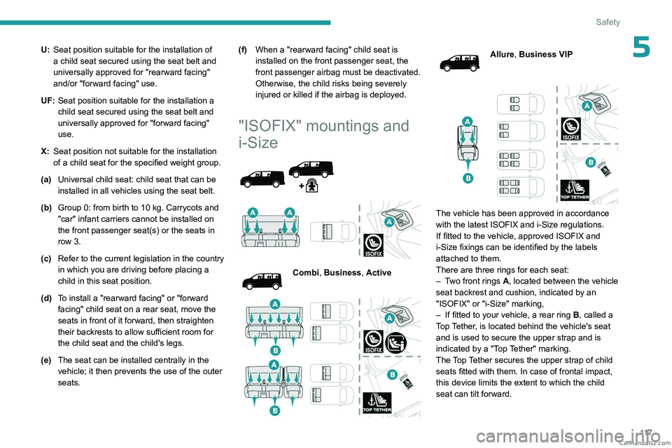 PEUGEOT EXPERT 2023 Owners Manual 11 7
Safety
5U:Seat position suitable for the installation of
a child seat secured using the seat belt and
universally approved for "rearward facing"
and/or "forward facing" use.
UF PEUGEOT EXPERT 2023 Owners Manual 11 7
Safety
5U:Seat position suitable for the installation of
a child seat secured using the seat belt and
universally approved for "rearward facing"
and/or "forward facing" use.
UF