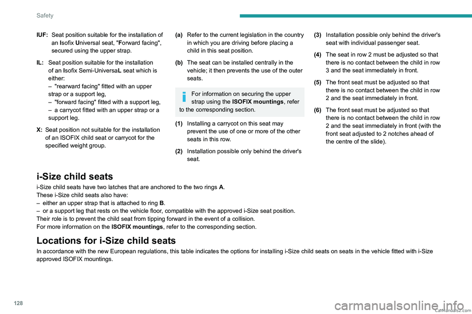 PEUGEOT EXPERT 2023 Owners Manual 128
Safety
IUF:Seat position suitable for the installation of
an Isofix Universal seat, "Forward facing",
secured using the upper strap.
IL: Seat position suitable for the installation
of a PEUGEOT EXPERT 2023 Owners Manual 128
Safety
IUF:Seat position suitable for the installation of
an Isofix Universal seat, "Forward facing",
secured using the upper strap.
IL: Seat position suitable for the installation
of a