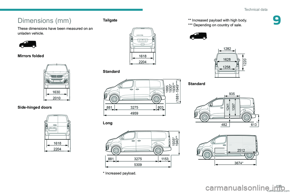 PEUGEOT EXPERT 2023 Owners Manual 229
Technical data
9Dimensions (mm)
These dimensions have been measured on an unladen vehicle.
Mirrors folded
Side-hinged doors
Tailgate
Standard
Long
* Increased payload. ** Incre PEUGEOT EXPERT 2023 Owners Manual 229
Technical data
9Dimensions (mm)
These dimensions have been measured on an unladen vehicle.
Mirrors folded
Side-hinged doors
Tailgate
Standard
Long
* Increased payload. ** Incre