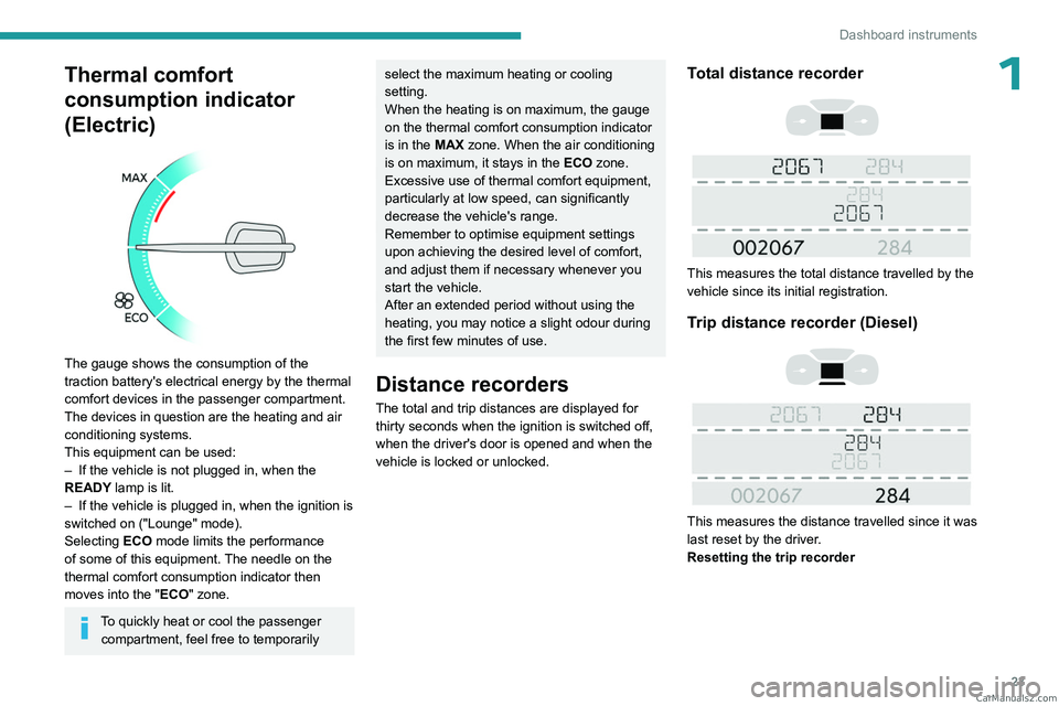 PEUGEOT EXPERT 2023  Owners Manual 23
Dashboard instruments
1Thermal comfort 
consumption indicator 
(Electric)
 
 
The gauge shows the consumption of the 
traction battery's electrical energy by the thermal 
comfort devices in the