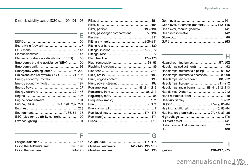 PEUGEOT EXPERT 2023 Owners Manual 287
Alphabetical index
Dynamic stability control (DSC) 100–101, 103
E
EBFD 100
Eco-driving (advice)
7
ECO mode
147
Electric windows
47
Electronic brake force distribution (EBF PEUGEOT EXPERT 2023 Owners Manual 287
Alphabetical index
Dynamic stability control (DSC) 100–101, 103
E
EBFD 100
Eco-driving (advice)
7
ECO mode
147
Electric windows
47
Electronic brake force distribution (EBF