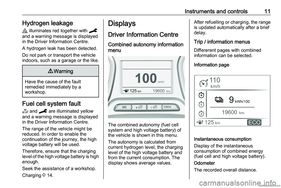 PEUGEOT EXPERT 2023 Owners Manual Instruments and controls 11
Hydrogen leakage
u illuminates red together with C
and a warning message is displayed
in the Driver Information Centre.
A hydrogen leak has been detected.
Do not park or t PEUGEOT EXPERT 2023 Owners Manual Instruments and controls 11
Hydrogen leakage
u illuminates red together with C
and a warning message is displayed
in the Driver Information Centre.
A hydrogen leak has been detected.
Do not park or t