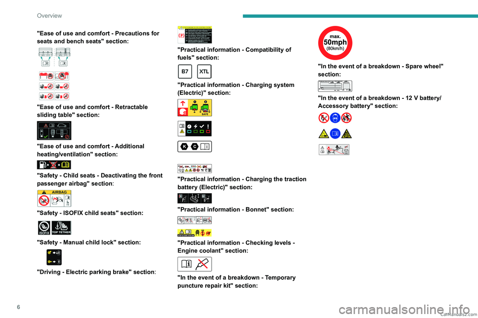 PEUGEOT EXPERT 2023  Owners Manual 6
Overview
"Ease of use and comfort - Precautions for 
seats and bench seats" section:
 
 
 
 
"Ease of use and comfort - Retractable 
sliding table" section:
 
 
"Ease of use and 