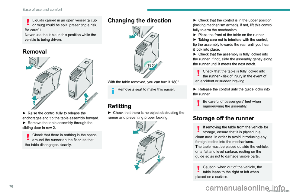 PEUGEOT EXPERT 2023 Manual PDF 76
Ease of use and comfort
Liquids carried in an open vessel (a cup
or mug) could be spilt, presenting a risk.
Be careful.
Never use the table in this position while the
vehicle is being driven.
Re PEUGEOT EXPERT 2023 Manual PDF 76
Ease of use and comfort
Liquids carried in an open vessel (a cup
or mug) could be spilt, presenting a risk.
Be careful.
Never use the table in this position while the
vehicle is being driven.
Re