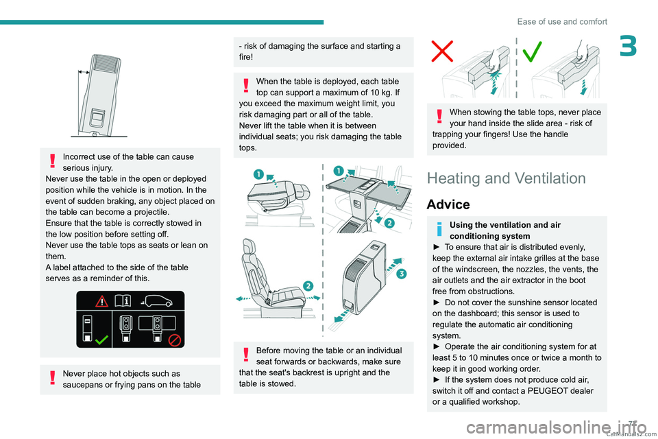 PEUGEOT EXPERT 2023  Owners Manual 77
Ease of use and comfort
3 
 
Incorrect use of the table can cause 
serious injury.
Never use the table in the open or deployed 
position while the vehicle is in motion. In the 
event of sudden brak