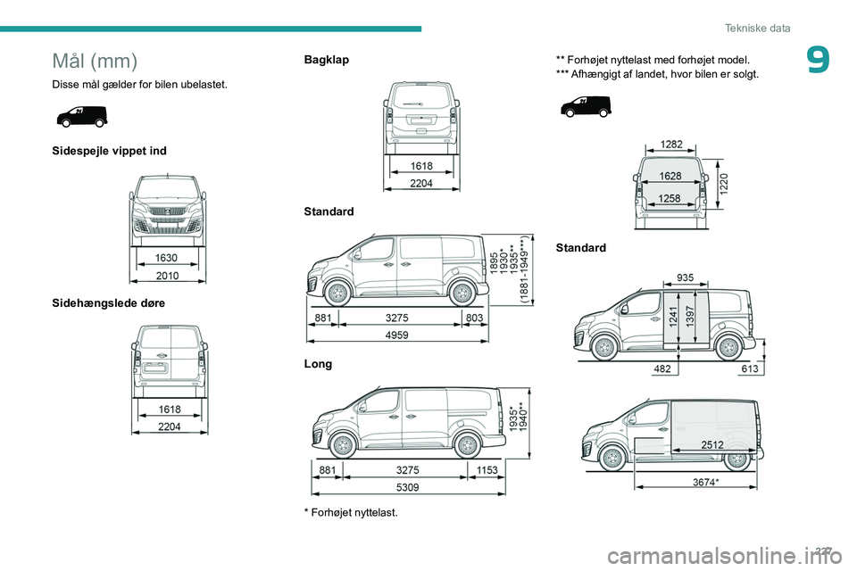 PEUGEOT EXPERT 2023 Brugsanvisning (in Danish) 227
Tekniske data
9Mål (mm)
Disse mål gælder for bilen ubelastet.
Sidespejle vippet ind
Sidehængslede døre
Bagklap
Standard
Long
* Forhøjet nyttelast.** Forhøjet nyttelast me PEUGEOT EXPERT 2023 Brugsanvisning (in Danish) 227
Tekniske data
9Mål (mm)
Disse mål gælder for bilen ubelastet.
Sidespejle vippet ind
Sidehængslede døre
Bagklap
Standard
Long
* Forhøjet nyttelast.** Forhøjet nyttelast me
