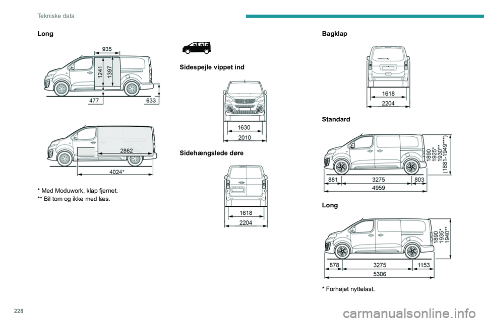 PEUGEOT EXPERT 2023 Brugsanvisning (in Danish) 228
Tekniske data
Long
* Med Moduwork, klap fjernet.
** Bil tom og ikke med læs.
Sidespejle vippet ind
Sidehængslede døre
Bagklap
Standard
Long
* Forhøjet nyttelast. PEUGEOT EXPERT 2023 Brugsanvisning (in Danish) 228
Tekniske data
Long
* Med Moduwork, klap fjernet.
** Bil tom og ikke med læs.
Sidespejle vippet ind
Sidehængslede døre
Bagklap
Standard
Long
* Forhøjet nyttelast.
