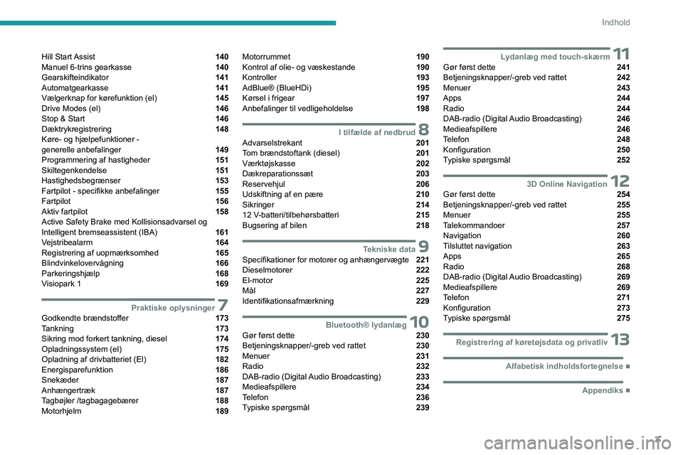 PEUGEOT EXPERT 2023  Brugsanvisning (in Danish) 3
Indhold
Hill  Start Assist  140
Manuel 6-trins gearkasse  140
Gearskifteindikator  141
Automatgearkasse  141
Vælgerknap for kørefunktion (el)  145
Drive Modes (el)  146
Stop & Start  146
Dæktrykr