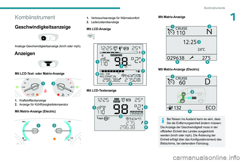 PEUGEOT EXPERT 2023  Betriebsanleitungen (in German) 9
Bordinstrumente
1Kombiinstrument
Geschwindigkeitsanzeige 
 
Analoge Geschwindigkeitsanzeige (km/h oder mph).
Anzeigen 
 
Mit LCD-Text- oder Matrix-Anzeige 
 
1.Kraftstofftankanzeige
2. Anzeige für 