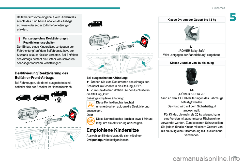 PEUGEOT EXPERT 2023 Betriebsanleitungen (in German) 11 9
Sicherheit
5Beifahrersitz vorne eingebaut wird. Andernfalls
könnte das Kind beim Entfalten des Airbags
schwere oder sogar tödliche Verletzungen
erleiden.
Fahrzeuge ohne Deaktivierungs-/Reakt PEUGEOT EXPERT 2023 Betriebsanleitungen (in German) 11 9
Sicherheit
5Beifahrersitz vorne eingebaut wird. Andernfalls
könnte das Kind beim Entfalten des Airbags
schwere oder sogar tödliche Verletzungen
erleiden.
Fahrzeuge ohne Deaktivierungs-/Reakt