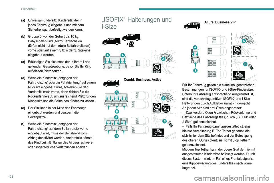 PEUGEOT EXPERT 2023 Betriebsanleitungen (in German) 124
Sicherheit
(a)Universal-Kindersitz: Kindersitz, der in
jedes Fahrzeug eingebaut und mit dem
Sicherheitsgurt befestigt werden kann.
(b) Gruppe 0: von der Geburt bis 10 kg.
Babyschalen und „Aut PEUGEOT EXPERT 2023 Betriebsanleitungen (in German) 124
Sicherheit
(a)Universal-Kindersitz: Kindersitz, der in
jedes Fahrzeug eingebaut und mit dem
Sicherheitsgurt befestigt werden kann.
(b) Gruppe 0: von der Geburt bis 10 kg.
Babyschalen und „Aut