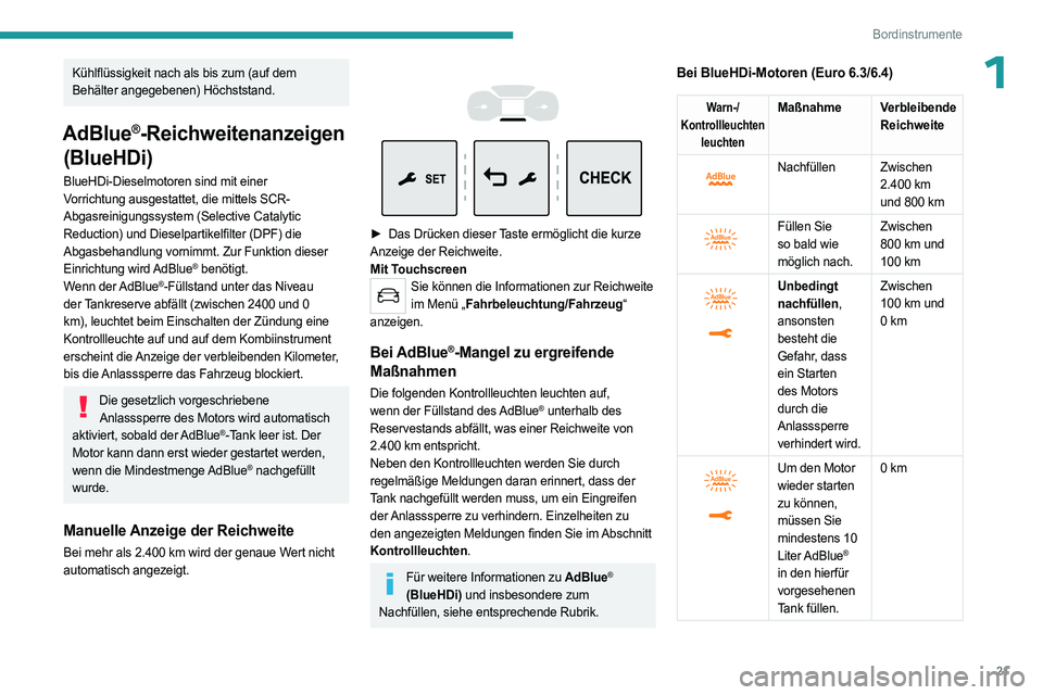 PEUGEOT EXPERT 2023 Betriebsanleitungen (in German) 21
Bordinstrumente
1Kühlflüssigkeit nach als bis zum (auf dem
Behälter angegebenen) Höchststand.
AdBlue®-Reichweitenanzeigen
(BlueHDi)
BlueHDi-Dieselmotoren sind mit einer
Vorrichtung ausgesta PEUGEOT EXPERT 2023 Betriebsanleitungen (in German) 21
Bordinstrumente
1Kühlflüssigkeit nach als bis zum (auf dem
Behälter angegebenen) Höchststand.
AdBlue®-Reichweitenanzeigen
(BlueHDi)
BlueHDi-Dieselmotoren sind mit einer
Vorrichtung ausgesta