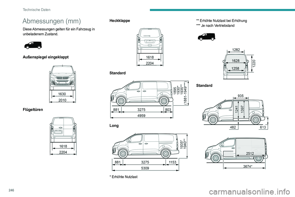 PEUGEOT EXPERT 2023 Betriebsanleitungen (in German) 246
Technische Daten
Abmessungen (mm)
Diese Abmessungen gelten für ein Fahrzeug in
unbeladenem Zustand.
Außenspiegel eingeklappt
Flügeltüren
Heckklappe
Standard
Long
* Erhöht PEUGEOT EXPERT 2023 Betriebsanleitungen (in German) 246
Technische Daten
Abmessungen (mm)
Diese Abmessungen gelten für ein Fahrzeug in
unbeladenem Zustand.
Außenspiegel eingeklappt
Flügeltüren
Heckklappe
Standard
Long
* Erhöht
