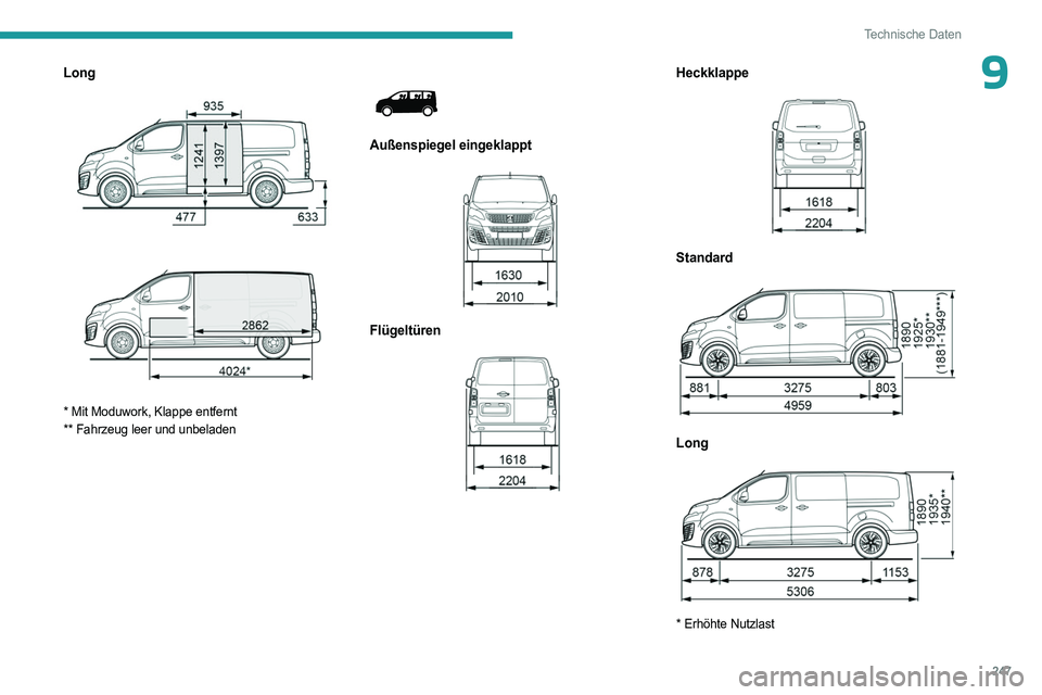 PEUGEOT EXPERT 2023 Betriebsanleitungen (in German) 247
Technische Daten
9Long
* Mit Moduwork, Klappe entfernt
** Fahrzeug leer und unbeladen
Außenspiegel eingeklappt
Flügeltüren
Heckklappe
Standard
Long
* Erhöhte Nutzlas PEUGEOT EXPERT 2023 Betriebsanleitungen (in German) 247
Technische Daten
9Long
* Mit Moduwork, Klappe entfernt
** Fahrzeug leer und unbeladen
Außenspiegel eingeklappt
Flügeltüren
Heckklappe
Standard
Long
* Erhöhte Nutzlas