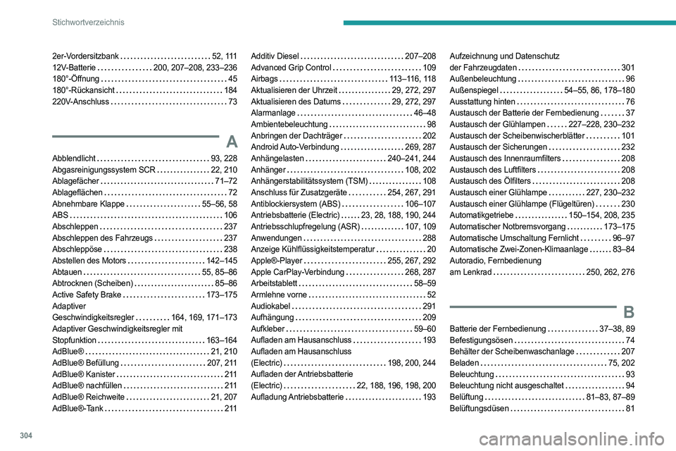 PEUGEOT EXPERT 2023  Betriebsanleitungen (in German) 304
Stichwortverzeichnis
2er-Vordersitzbank     52, 111
12V-Batterie     
200, 207–208, 233–236
180°-Öffnung
    
45
180°-Rückansicht
    
184
220V-Anschluss
    
73
A
Abblendlicht     93, 228