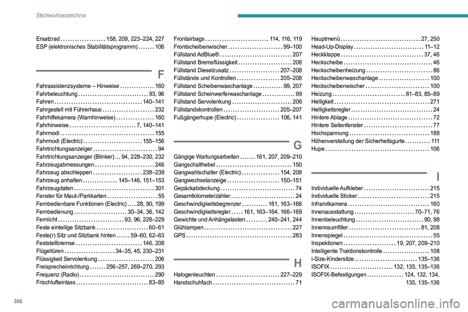 PEUGEOT EXPERT 2023  Betriebsanleitungen (in German) 306
Stichwortverzeichnis
Ersatzrad     158, 209, 223–224, 227
ESP (elektronisches Stabilitätsprogramm)    
106
F
Fahrassistenzsysteme – Hinweise    160
Fahrbeleuchtung     
93, 96
Fahren
    
140