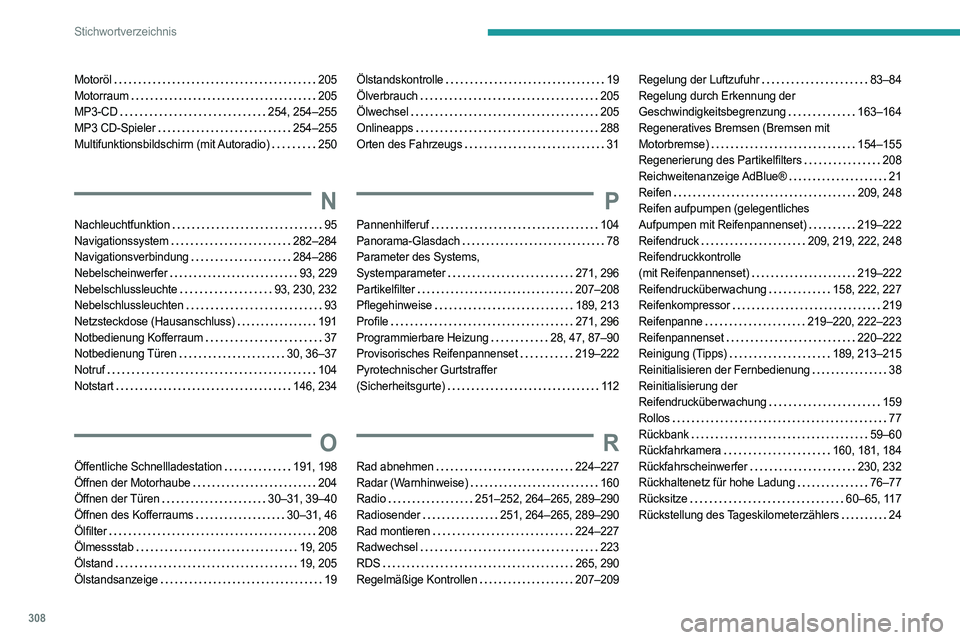 PEUGEOT EXPERT 2023  Betriebsanleitungen (in German) 308
Stichwortverzeichnis
Motoröl     205
Motorraum     
205
MP3-CD
    
254, 254–255
MP3 CD-Spieler
    
254–255
Multifunktionsbildschirm  (mit Autoradio)
    
250
N
Nachleuchtfunktion     95
Nav