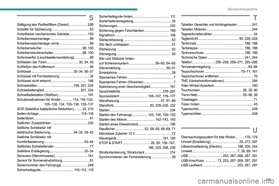 PEUGEOT EXPERT 2023 Betriebsanleitungen (in German) 309
Stichwortverzeichnis
S
Sättigung des Partikelfilters (Diesel) 208
Schalter für Sitzheizung
53
Schalthebel mechanisches Getriebe
150
Scheibenwaschanlage
99
Scheibenwaschanlage vo PEUGEOT EXPERT 2023 Betriebsanleitungen (in German) 309
Stichwortverzeichnis
S
Sättigung des Partikelfilters (Diesel) 208
Schalter für Sitzheizung
53
Schalthebel mechanisches Getriebe
150
Scheibenwaschanlage
99
Scheibenwaschanlage vo