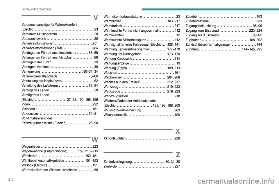PEUGEOT EXPERT 2023 Betriebsanleitungen (in German) 310
Stichwortverzeichnis
V
Verbrauchsanzeige für Wärmekomfort
(Electric)
23
Verbrauchs-Histogramm
28
Verbrauchswerte
28
Verkehrsinformationen
251
Verkehrsinformationen (TMC)
PEUGEOT EXPERT 2023 Betriebsanleitungen (in German) 310
Stichwortverzeichnis
V
Verbrauchsanzeige für Wärmekomfort
(Electric)
23
Verbrauchs-Histogramm
28
Verbrauchswerte
28
Verkehrsinformationen
251
Verkehrsinformationen (TMC)