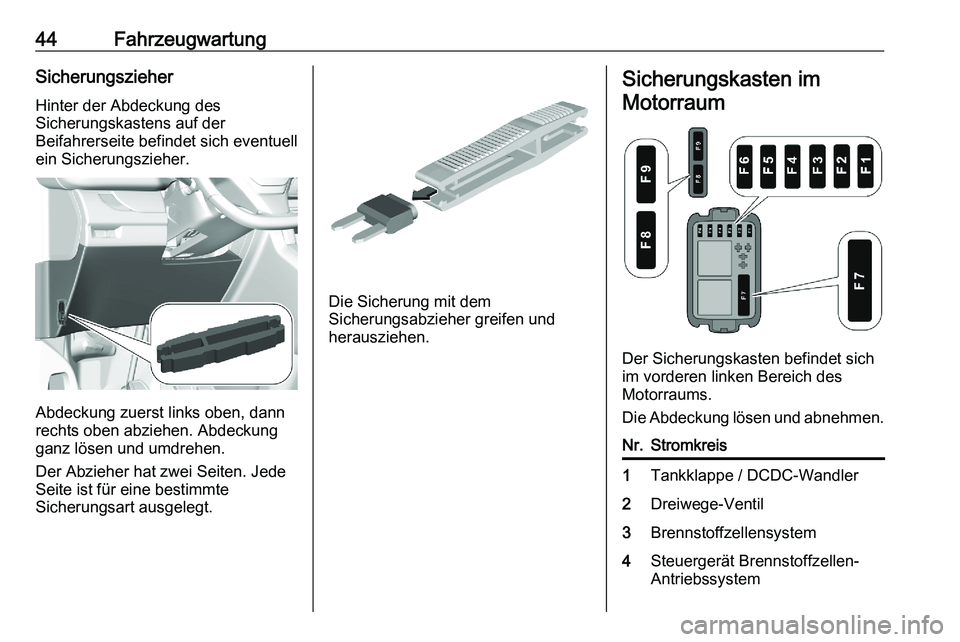 PEUGEOT EXPERT 2023  Betriebsanleitungen (in German) 44 Fahrzeugwartung
Sicherungszieher Hinter der Abdeckung des
Sicherungskastens auf der
Beifahrerseite befindet sich eventuell
ein Sicherungszieher. Abdeckung zuerst links oben, dann
rechts oben abzieh