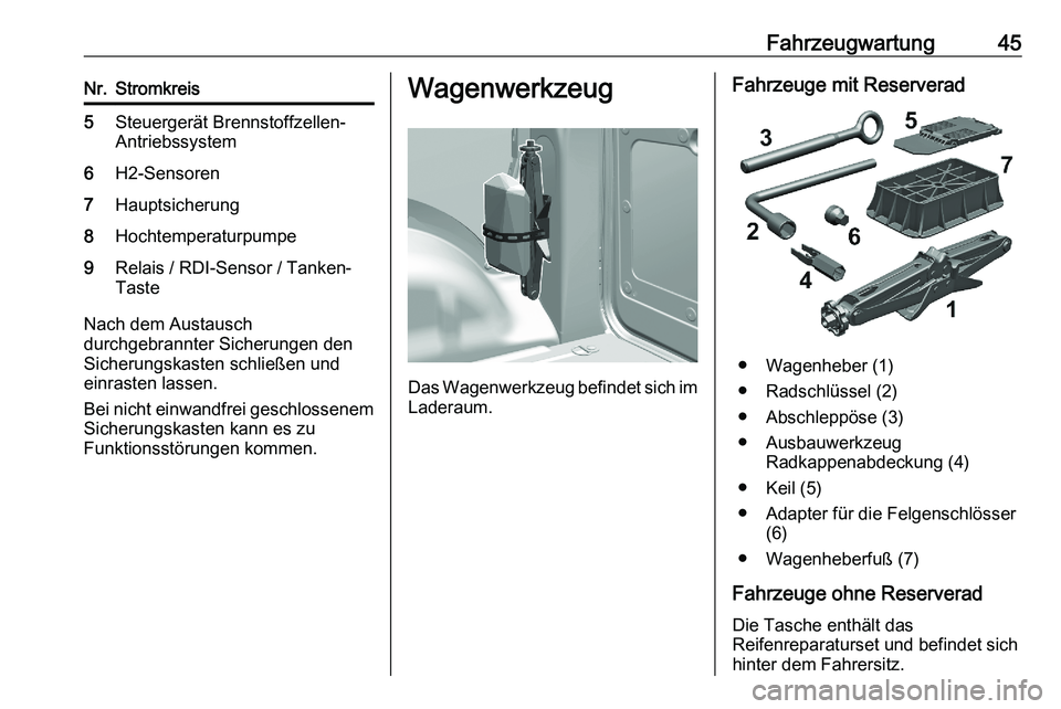 PEUGEOT EXPERT 2023  Betriebsanleitungen (in German) Fahrzeugwartung 45
Nr. Stromkreis
5 Steuergerät Brennstoffzellen-
Antriebssystem
6 H2-Sensoren
7 Hauptsicherung
8 Hochtemperaturpumpe
9 Relais / RDI-Sensor / Tanken-
Taste Nach dem Austausch
durchgeb