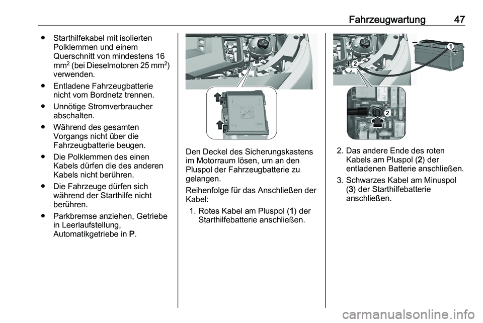 PEUGEOT EXPERT 2023  Betriebsanleitungen (in German) Fahrzeugwartung 47
● Starthilfekabel mit isolierten Polklemmen und einem
Querschnitt von mindestens 16
mm 2
 
(bei Dieselmotoren 25 mm 2
)
verwenden.
● Entladene Fahrzeugbatterie nicht vom Bordnet