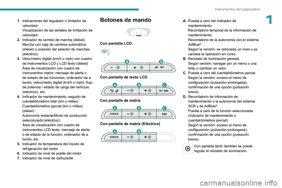 PEUGEOT EXPERT 2023  Manual del propietario (in Spanish) 11
Instrumentos del salpicadero
11.Indicaciones del regulador o limitador de 
velocidad
Visualización de las señales de limitación de 
velocidad
2. Indicador de cambio de marcha (diésel)
Marcha co