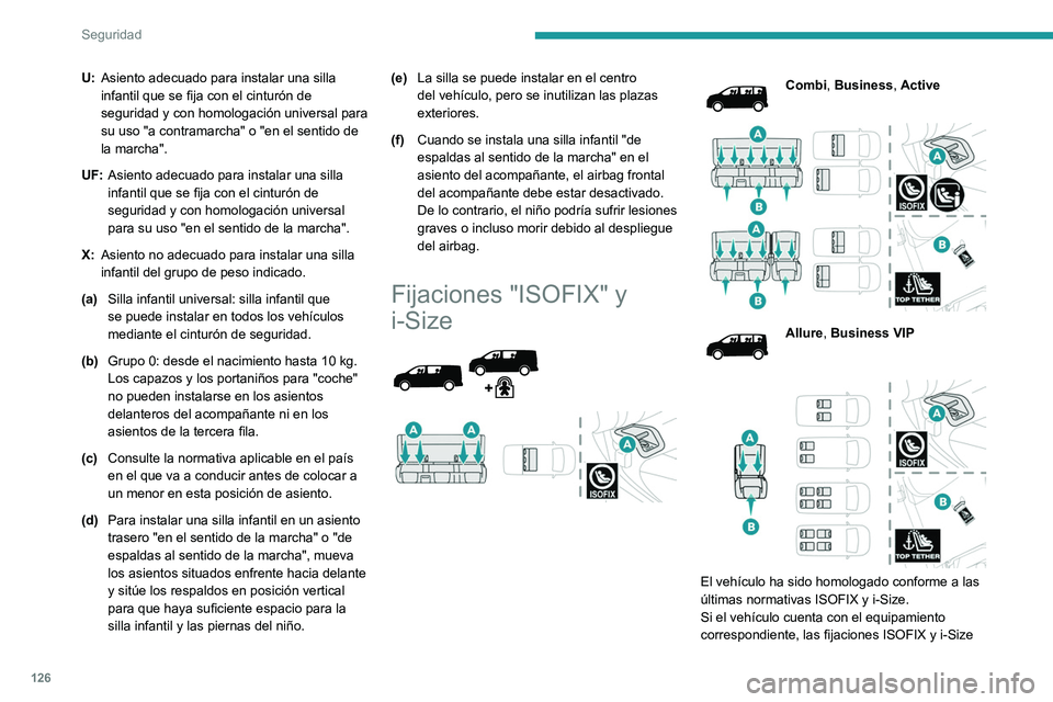 PEUGEOT EXPERT 2023  Manual del propietario (in Spanish) 126
Seguridad
U:Asiento adecuado para instalar una silla 
infantil que se fija con el cinturón de 
seguridad y con homologación universal para 
su uso "a contramarcha" o "en el sentido d