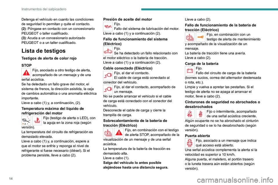 PEUGEOT EXPERT 2023  Manual del propietario (in Spanish) 14
Instrumentos del salpicadero
Detenga el vehículo en cuanto las condiciones 
de seguridad lo permitan y quite el contacto.
(2): Póngase en contacto con un concesionario 
PEUGEOT o taller cualifica
