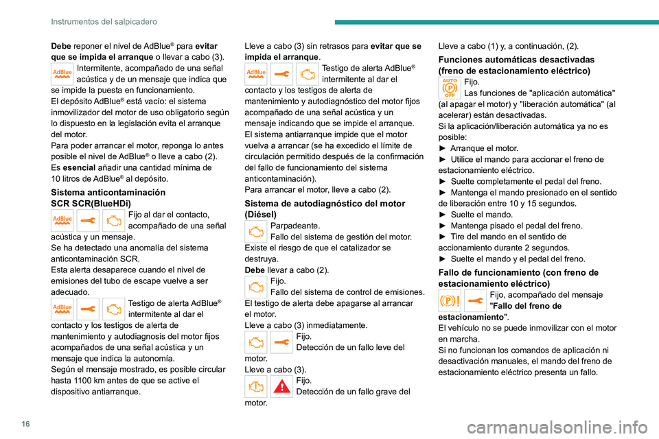 PEUGEOT EXPERT 2023  Manual del propietario (in Spanish) 16
Instrumentos del salpicadero
Debe reponer el nivel de AdBlue® para evitar 
que se impida el arranque  o llevar a cabo (3).
Intermitente, acompañado de una señal 
acústica y de un mensaje que in