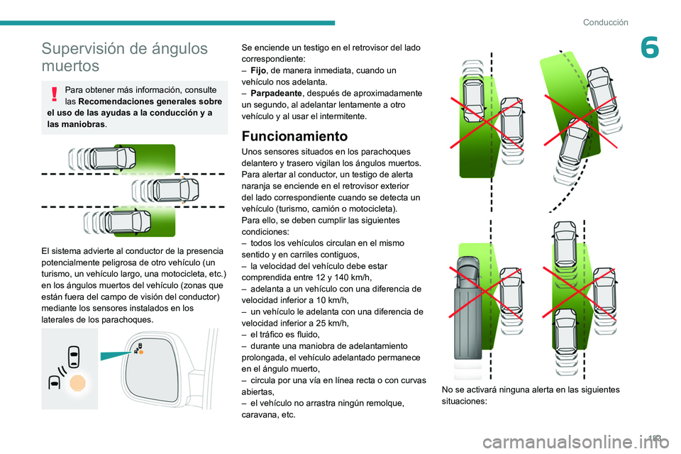PEUGEOT EXPERT 2023 Manual del propietario (in Spanish) 183
Conducción
6Supervisión de ángulos
muertos
Para obtener más información, consulte
las Recomendaciones generales sobre
el uso de las ayudas a la conducción y a
las maniobras.
El siste PEUGEOT EXPERT 2023 Manual del propietario (in Spanish) 183
Conducción
6Supervisión de ángulos
muertos
Para obtener más información, consulte
las Recomendaciones generales sobre
el uso de las ayudas a la conducción y a
las maniobras.
El siste
