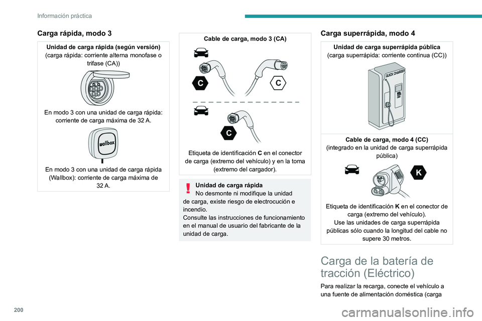 PEUGEOT EXPERT 2023 Manual del propietario (in Spanish) 200
Información práctica
Carga rápida, modo 3
Unidad de carga rápida (según versión)
(carga rápida: corriente alterna monofase o trifase (CA))
En modo 3 con una unidad de carga rápida: co PEUGEOT EXPERT 2023 Manual del propietario (in Spanish) 200
Información práctica
Carga rápida, modo 3
Unidad de carga rápida (según versión)
(carga rápida: corriente alterna monofase o trifase (CA))
En modo 3 con una unidad de carga rápida: co