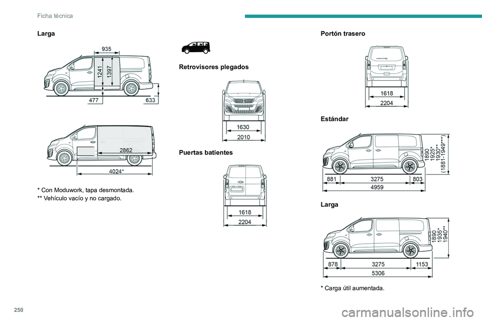 PEUGEOT EXPERT 2023 Manual del propietario (in Spanish) 250
Ficha técnica
Larga
* Con Moduwork, tapa desmontada.
** VehÃculo vacÃo y no cargado.
Retrovisores plegados
Puertas batientes
Portón trasero
Estándar
Larga
* Carga à PEUGEOT EXPERT 2023 Manual del propietario (in Spanish) 250
Ficha técnica
Larga
* Con Moduwork, tapa desmontada.
** VehÃculo vacÃo y no cargado.
Retrovisores plegados
Puertas batientes
Portón trasero
Estándar
Larga
* Carga Ã