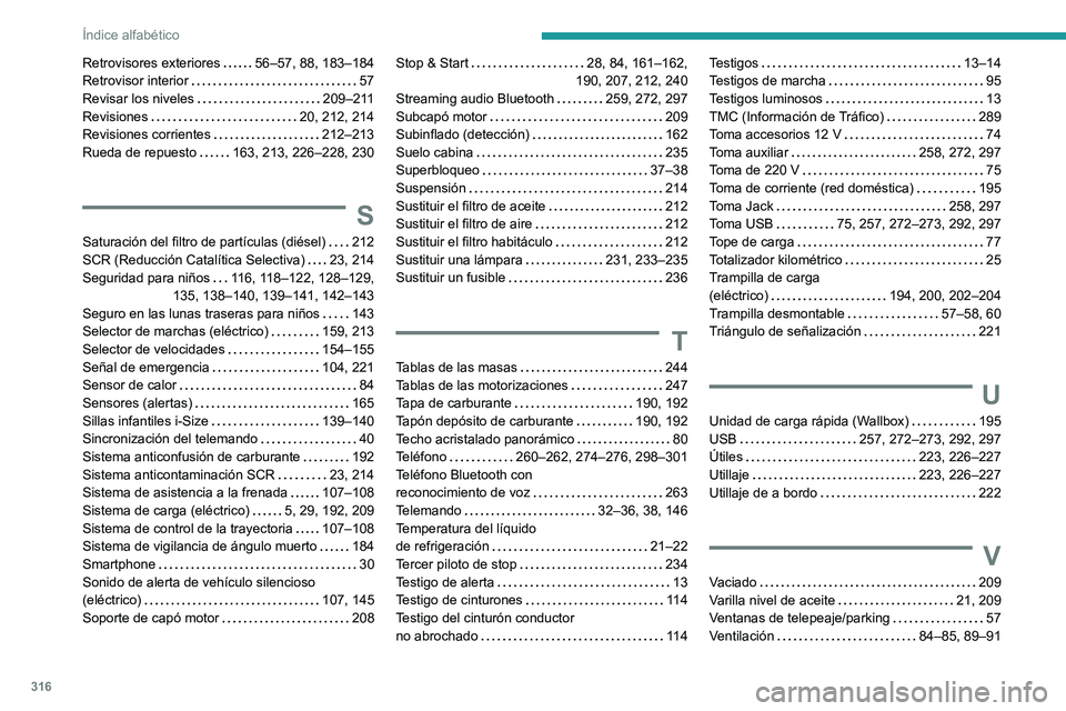 PEUGEOT EXPERT 2023  Manual del propietario (in Spanish) 316
Índice alfabético
Retrovisores exteriores     56–57, 88, 183–184
Retrovisor interior     
57
Revisar los niveles
    
209–211
Revisiones
    
20, 212, 214
Revisiones corrientes
    
212–