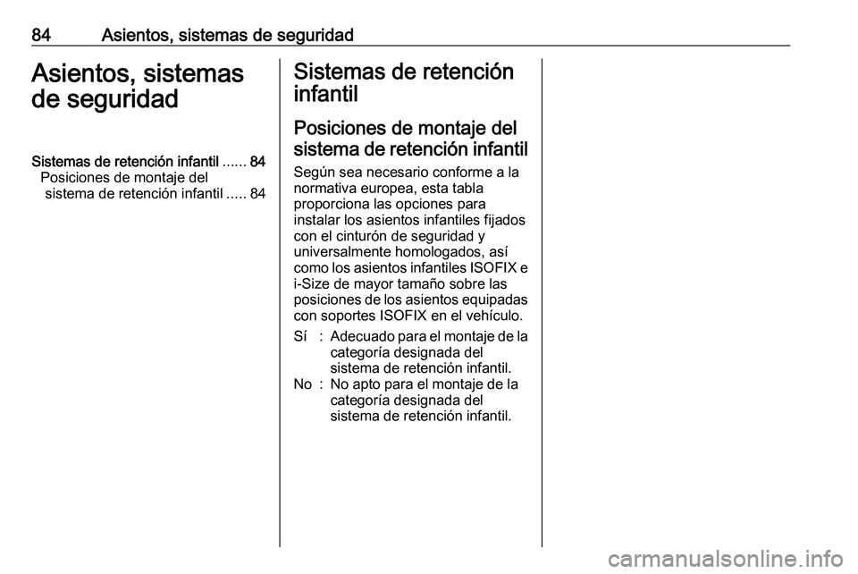 PEUGEOT EXPERT 2023  Manual del propietario (in Spanish) 84 Asientos, sistemas de seguridad
Asientos, sistemas
de seguridad
Sistemas de retención infantil ......84
Posiciones de montaje del sistema de retención infantil .....84 Sistemas de retención
infa