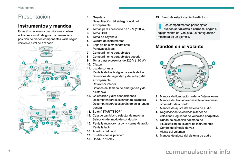 PEUGEOT EXPERT 2023 Manual del propietario (in Spanish) 4
Vista general
Presentación
Instrumentos y mandos
Estas ilustraciones y descripciones deben
utilizarse a modo de guía. La presencia y
posición de ciertos componentes varía según
versión o ni PEUGEOT EXPERT 2023 Manual del propietario (in Spanish) 4
Vista general
Presentación
Instrumentos y mandos
Estas ilustraciones y descripciones deben
utilizarse a modo de guía. La presencia y
posición de ciertos componentes varía según
versión o ni