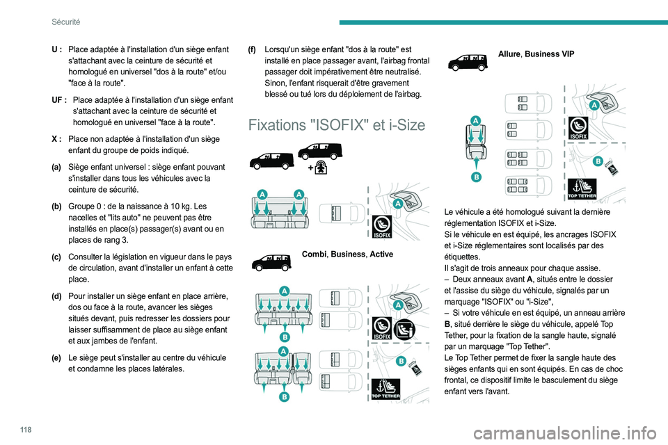 PEUGEOT EXPERT 2023  Manuel du propriétaire (in French) 11 8
Sécurité
U :Place adaptée à l'installation d'un siège enfant  
s'attachant avec la ceinture de sécurité et 
homologué en universel "dos à la route" et/ou 
"face �