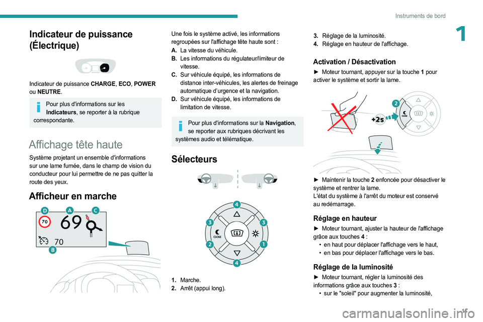 PEUGEOT EXPERT 2023  Manuel du propriétaire (in French) 11
Instruments de bord
1Indicateur de puissance 
(Électrique)
 
 
Indicateur de puissance CHARGE, ECO, POWER 
ou NEUTRE.
Pour plus d'informations sur les  Indicateurs, se reporter à la rubrique 