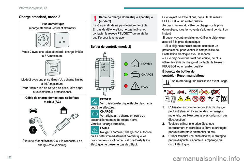 PEUGEOT EXPERT 2023  Manuel du propriétaire (in French) 182
Informations pratiques
Charge standard, mode 2
Prise domestique
(charge standard - courant alternatif)
 
 
Mode 2 avec une prise standard : charge limitée 
à 8  A  maximum.
 
 
Mode 2 avec une p