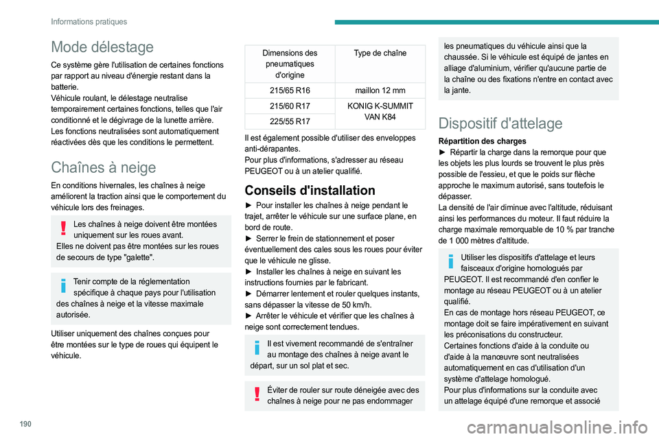 PEUGEOT EXPERT 2023 Manuel du propriétaire (in French) 190
Informations pratiques
Mode délestage
Ce système gère l'utilisation de certaines fonctions
par rapport au niveau d'énergie restant dans la
batterie.
Véhicule roulant, le délestage PEUGEOT EXPERT 2023 Manuel du propriétaire (in French) 190
Informations pratiques
Mode délestage
Ce système gère l'utilisation de certaines fonctions
par rapport au niveau d'énergie restant dans la
batterie.
Véhicule roulant, le délestage
