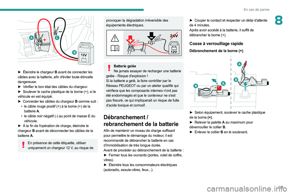 PEUGEOT EXPERT 2023  Manuel du propriétaire (in French) 221
En cas de panne
8
 
► Éteindre le chargeur B avant de connecter les 
câbles avec la batterie, afin d'éviter toute étincelle 
dangereuse.
►
 
Vérifier le bon état des câbles du charg