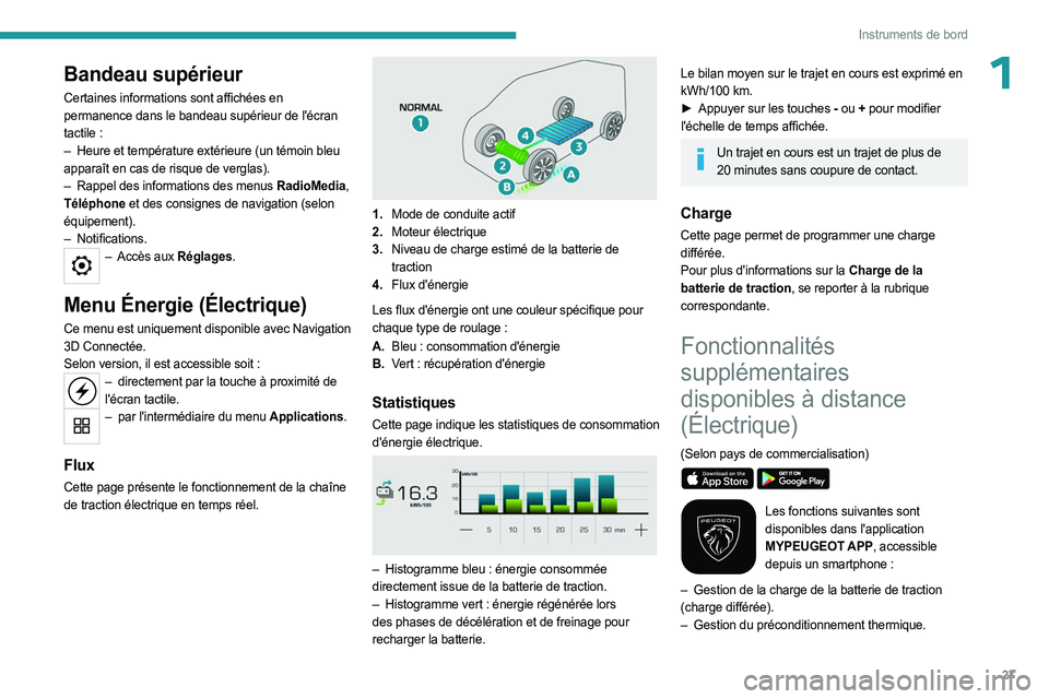 PEUGEOT EXPERT 2023  Manuel du propriétaire (in French) 27
Instruments de bord
1Bandeau supérieur
Certaines informations sont affichées en 
permanence dans le bandeau supérieur de l'écran 
tactile  :
–
 
Heure et température extérieure (un tém