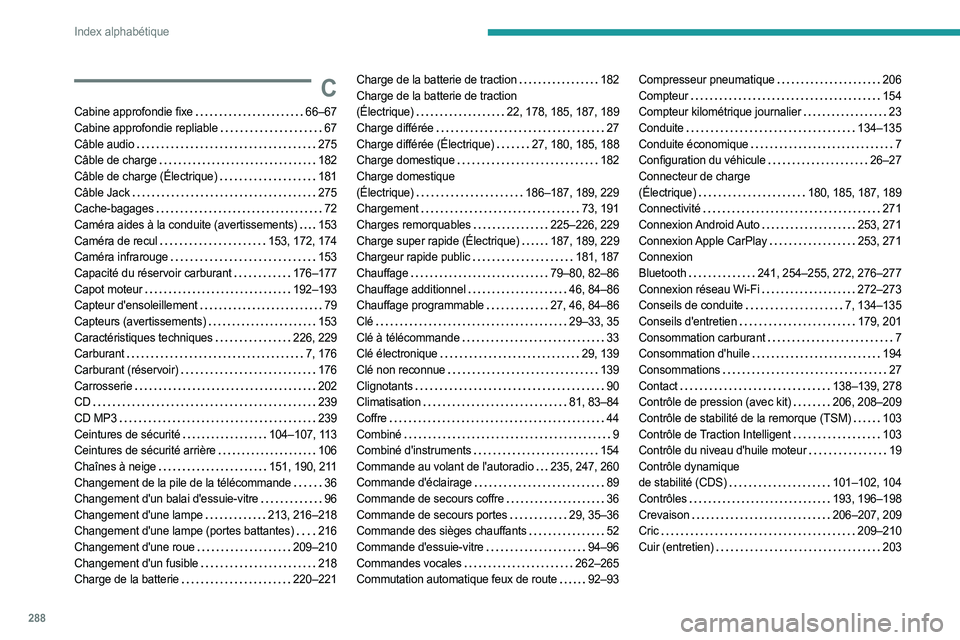 PEUGEOT EXPERT 2023 Manuel du propriétaire (in French) 288
Index alphabétique
C
Cabine approfondie fixe 66–67
Cabine approfondie repliable
67
Câble audio
275
Câble de charge
182
Câble de charge (Électrique)
181
Câble Jack
PEUGEOT EXPERT 2023 Manuel du propriétaire (in French) 288
Index alphabétique
C
Cabine approfondie fixe 66–67
Cabine approfondie repliable
67
Câble audio
275
Câble de charge
182
Câble de charge (Électrique)
181
Câble Jack