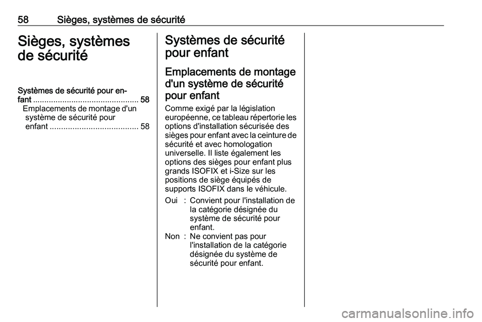 PEUGEOT EXPERT 2023  Manuel du propriétaire (in French) 58 Sièges, systèmes de sécurité
Sièges, systèmes
de sécurité
Systèmes de sécurité pour en‐
fant ............................................... 58
Emplacements 
de montage d'un
systè