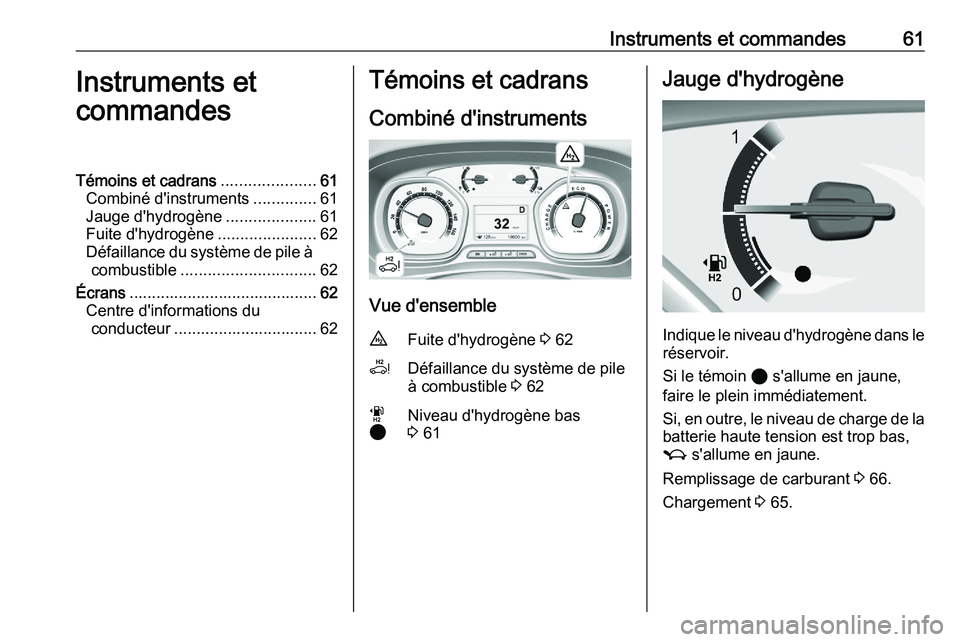 PEUGEOT EXPERT 2023  Manuel du propriétaire (in French) Instruments et commandes 61
Instruments et
commandes
Témoins et cadrans .....................61
Combiné d'instruments ..............61
Jauge d'hydrogène ....................61
Fuite d'h
