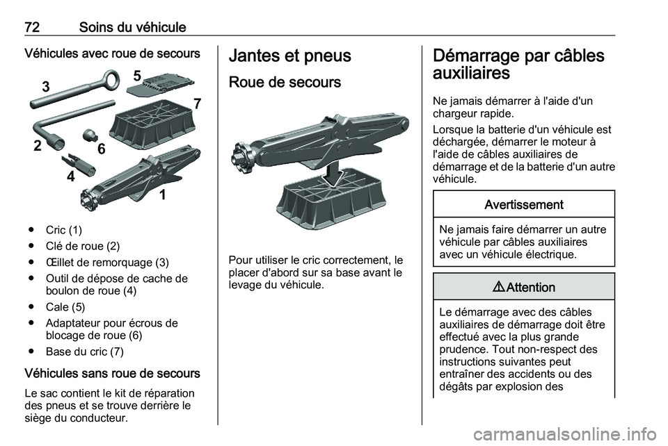 PEUGEOT EXPERT 2023 Manuel du propriétaire (in French) 72 Soins du véhicule
Véhicules avec roue de secours ● Cric (1)
●
Clé de roue (2)
● Œillet de remorquage (3)
● Outil de dépose de cache de boulon de roue (4)
● Cale (5)
● Adaptateur po PEUGEOT EXPERT 2023 Manuel du propriétaire (in French) 72 Soins du véhicule
Véhicules avec roue de secours ● Cric (1)
●
Clé de roue (2)
● Œillet de remorquage (3)
● Outil de dépose de cache de boulon de roue (4)
● Cale (5)
● Adaptateur po