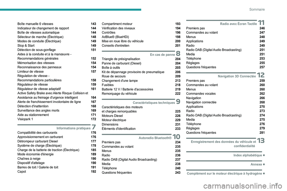 PEUGEOT EXPERT 2023  Manuel du propriétaire (in French) 3
Sommaire
Boîte manuelle 6 vitesses  143
Indicateur de changement de rapport  144
Boîte de vitesses automatique  144
Sélecteur de marche (Électrique)  148
Modes de conduite (Électrique)  149
Sto