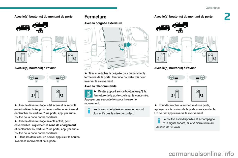 PEUGEOT EXPERT 2023  Manuel du propriétaire (in French) 39
Ouvertures
2Avec le(s) bouton(s) du montant de porte 
 
 
 
Avec le(s) bouton(s) à l'avant 
 
 
 
► Avec le déverrouillage total activé et la sécurité  
enfants désactivée, pour déver