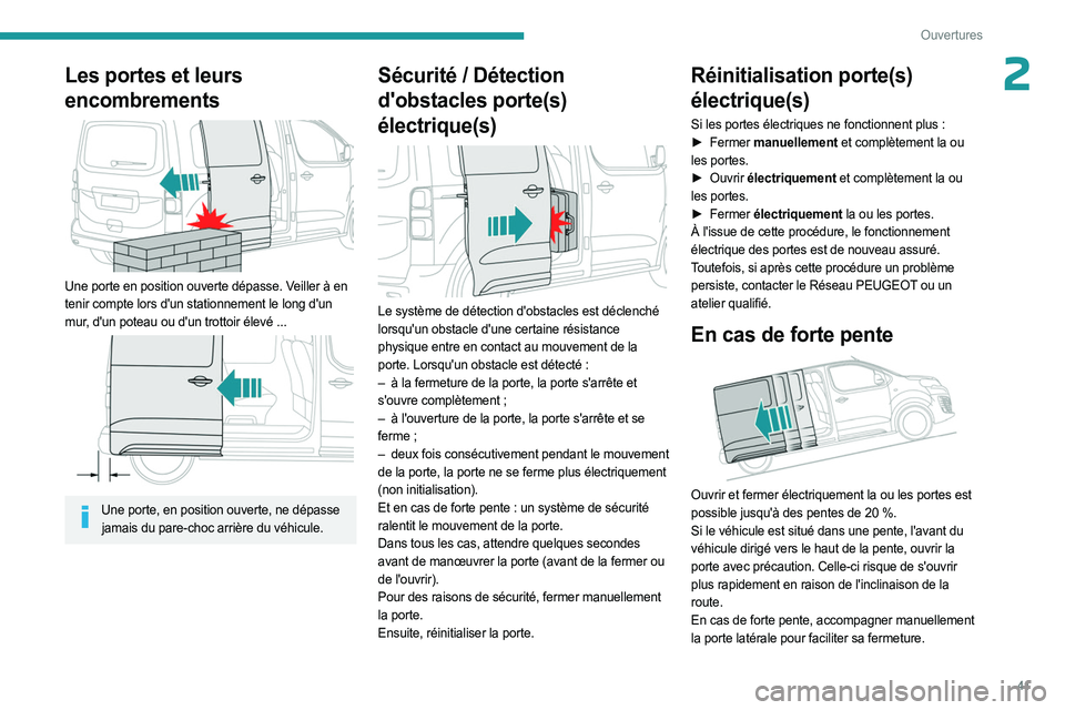 PEUGEOT EXPERT 2023  Manuel du propriétaire (in French) 41
Ouvertures
2Les portes et leurs 
encombrements
 
 
Une porte en position ouverte dépasse. Veiller à en 
tenir compte lors d'un stationnement le long d'un 
mur, d'un poteau ou d'un